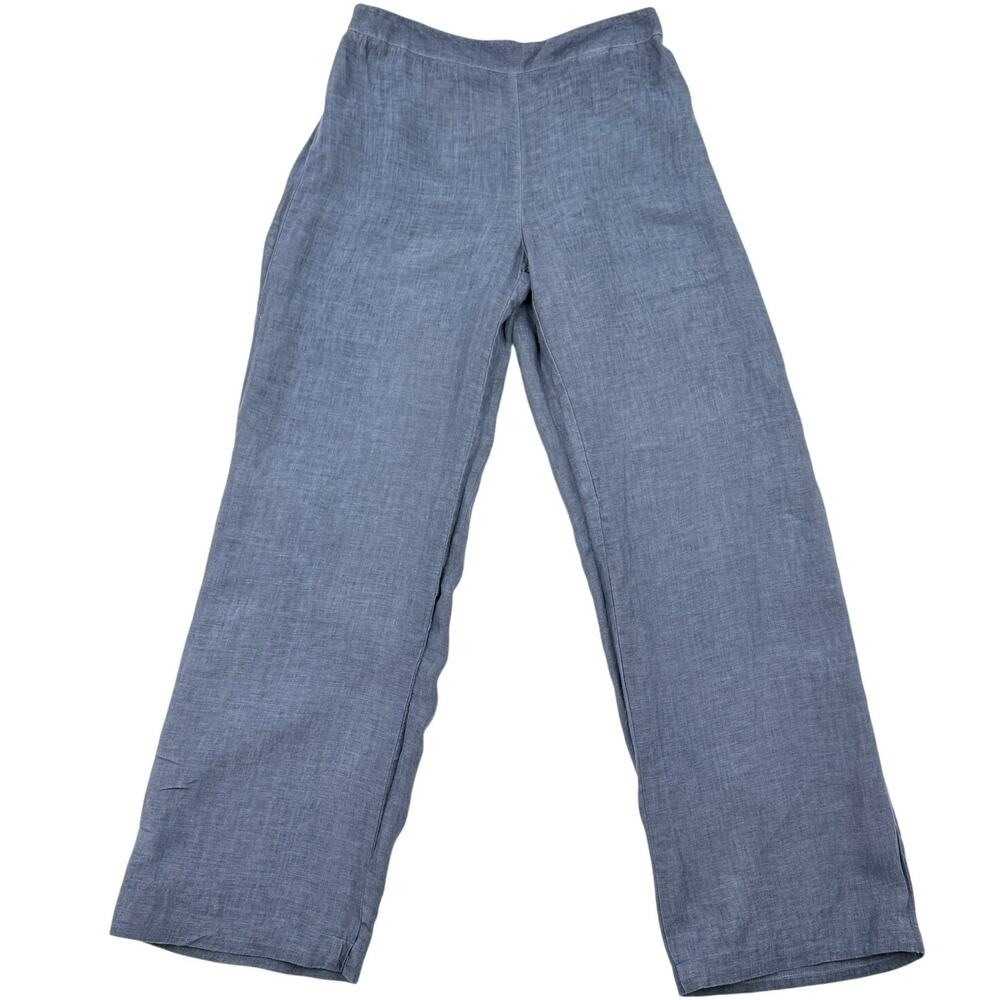 120% Lino Linen Wide Leg Pants Blue Relaxed Resort EU 46 Coastal Summer Trouser